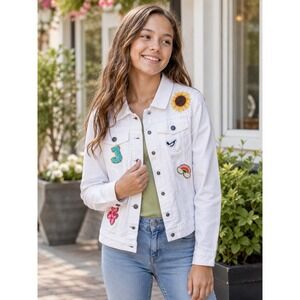 Crazy 8 Girls XL14-16 White Denim Jacket Sunflower Rainbow Butterfly Patch Jean